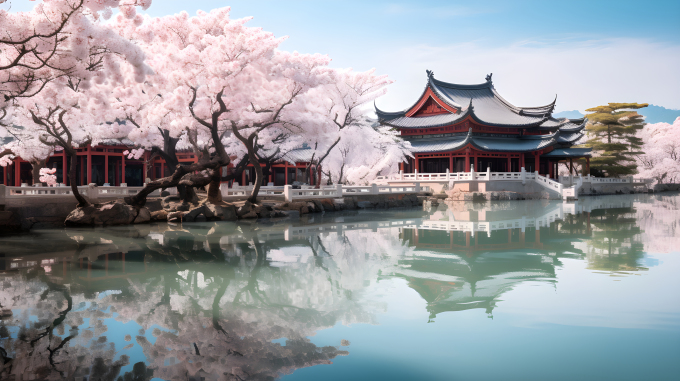 水边飘香：绿蓝寺塔的美丽盛景摄影图