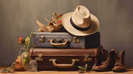 真实主义风格的行李箱与帽子摄影图片