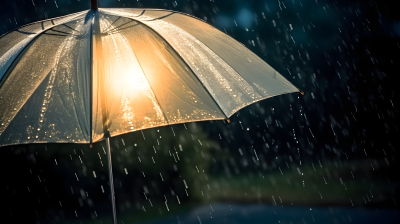 傍晚雨中路灯下透明雨伞摄影图