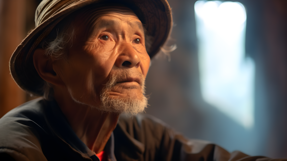 中国老人戴帽子远望摄影图片
