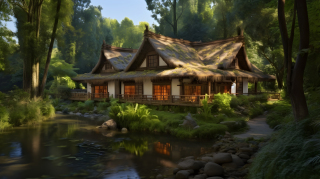 夏日森林中绿树环绕的小屋摄影图片