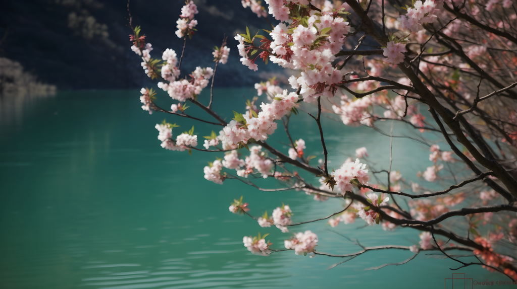 翡翠湖畔浓密的桃树摄影图片