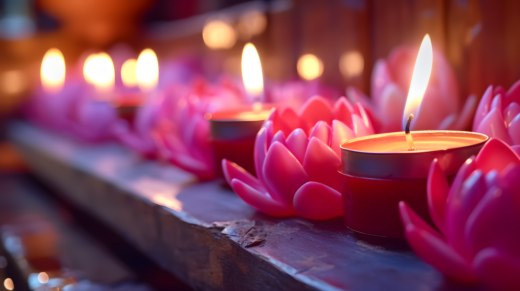 木桌上的逼真风格粉色莲花蜡烛摄影图版权图片下载