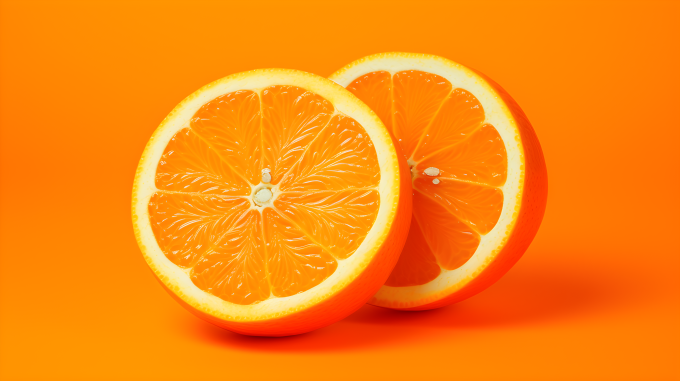 原色鲜明：橙子背景上的两片橙子摄影图