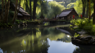 池塘旁的花园小屋摄影图片