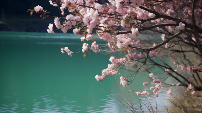翠湖畔的浓密桃树摄影图片