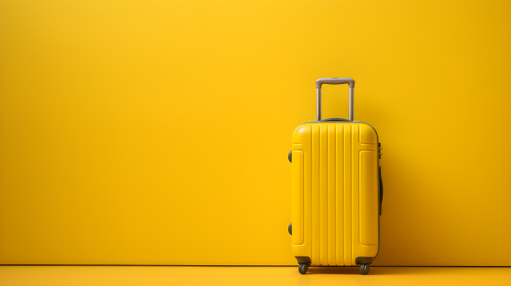 简约金属感：黄色背景下的黄色行李箱摄影图片