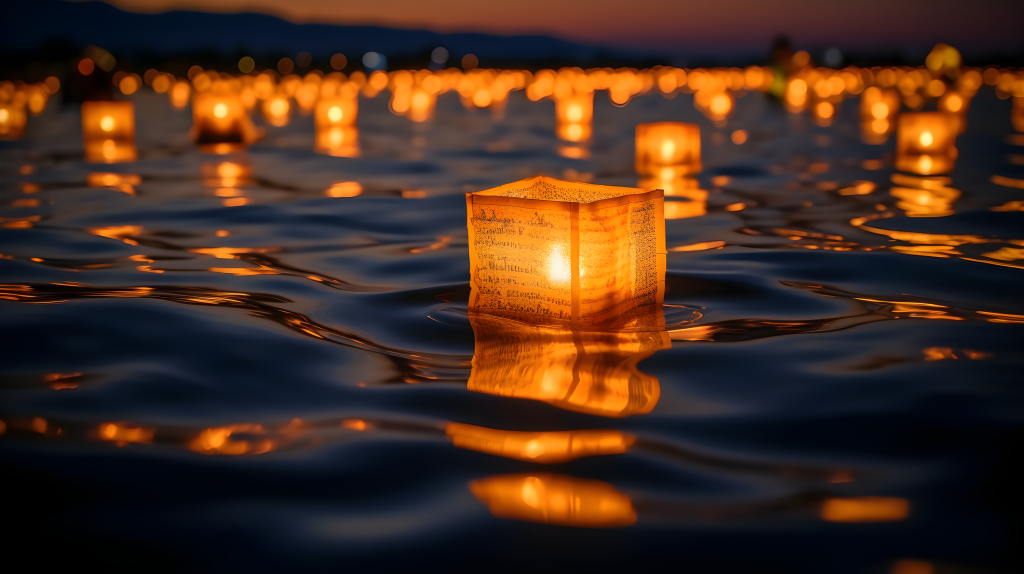 水面上漂浮的孔明灯摄影图片