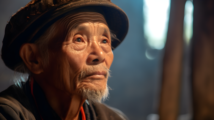 中国老人带帽子静静凝望的摄影版权图片下载