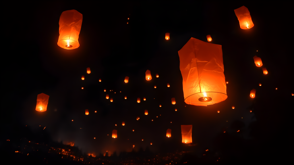 黑色天空橙色孔明灯摄影图片