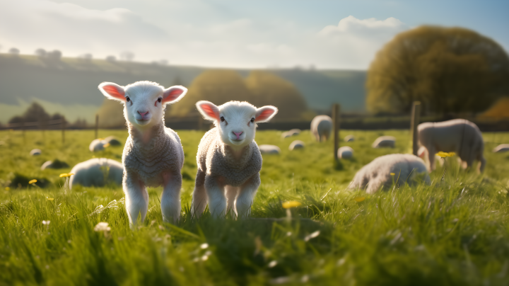 阳光农场两只可爱的小绵羊摄影版权图片下载