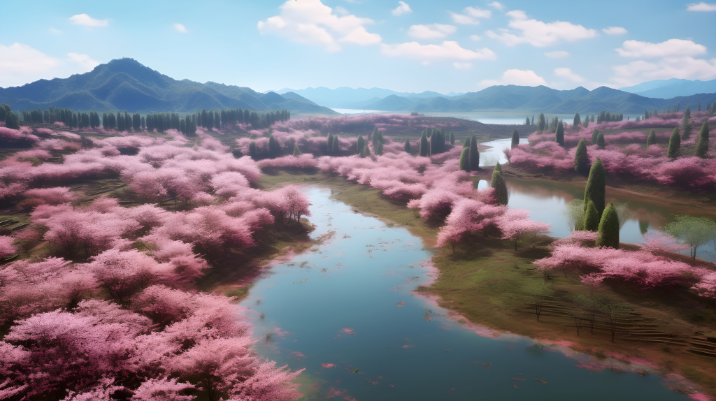 粉色桃花森林河岸摄影图片