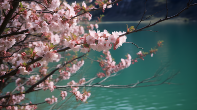 神秘湖畔的浓密桃树摄影图片