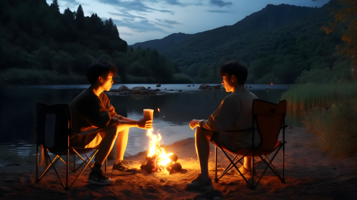 湖畔夜晚篝火两男孩喝啤酒摄影版权图片下载
