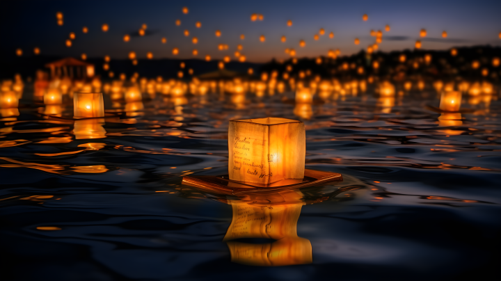 湖面上漂浮的孔明灯摄影版权图片下载