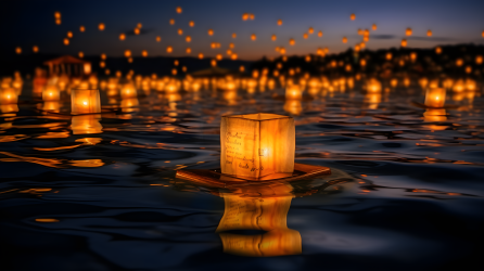 湖面上漂浮的孔明灯摄影图片