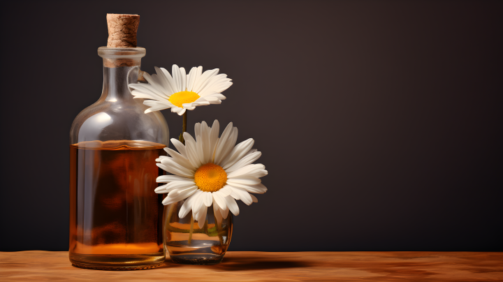 褐色中的油瓶与雏菊摄影图版权图片下载