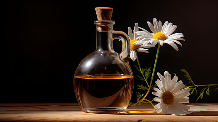 棕色中的油瓶与雏菊摄影版权图片下载