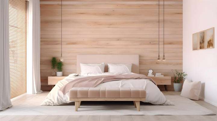 自然舒适的温馨卧室木质墙面摄影版权图片下载