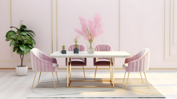 现代餐桌粉色鲜花摆件椅子摄影图片