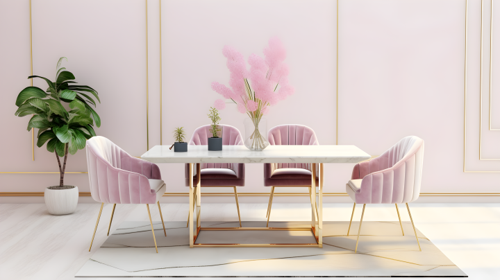 现代餐桌粉色鲜花摆件椅子摄影版权图片下载
