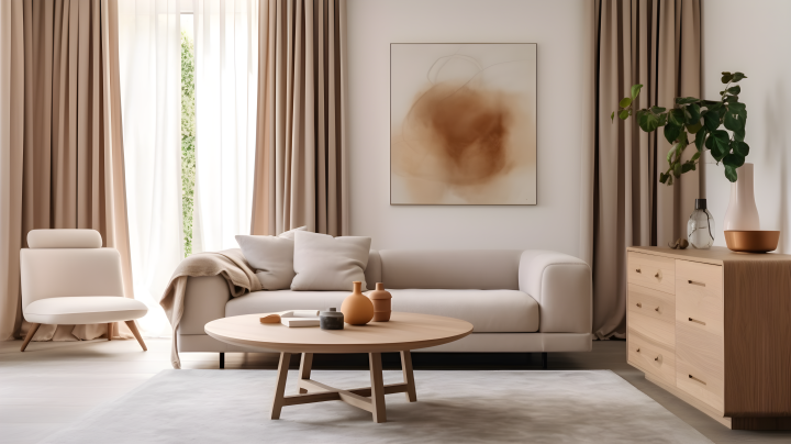 极简风格大沙发和木质装饰桌摄影版权图片下载
