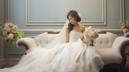 美丽新娘坐在大沙发上，穿着婚纱，逼真风格摄影图