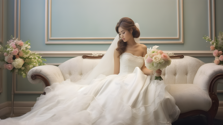 美丽新娘坐在大沙发上，穿着婚纱，逼真风格摄影图版权图片下载