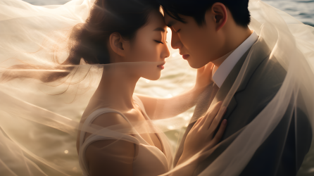浪漫海景下的亚洲韩国情侣接吻摄影图