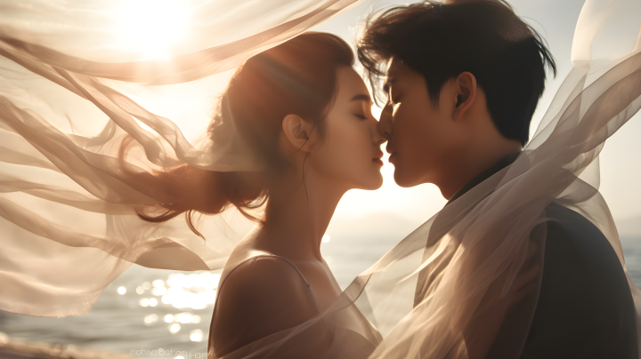 亚洲韩国情侣拥吻海景摄影图版权图片下载