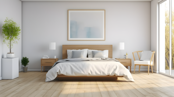 卧室白色木地板上的木制床摄影图