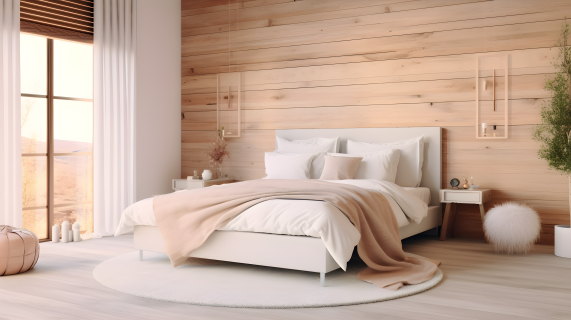 自然木墙的温馨浅粉色卧室摄影图片
