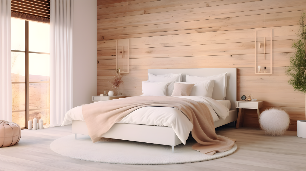 自然木墙的温馨浅粉色卧室摄影图片