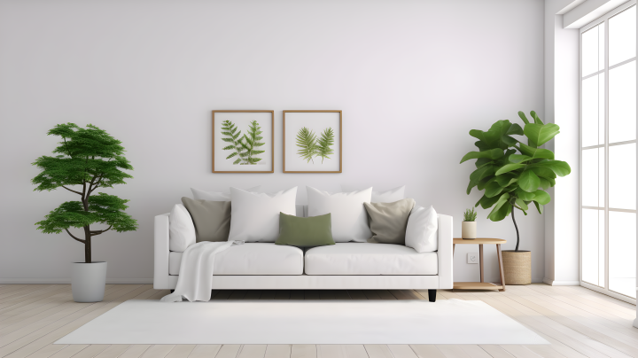白色沙发和绿植装饰的开放式客厅摄影版权图片下载