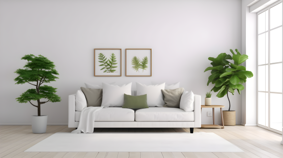 白色沙发和绿植装饰的开放式客厅摄影图片