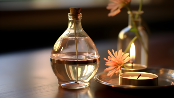 玻璃瓶花和蜡烛的托盘摄影版权图片下载