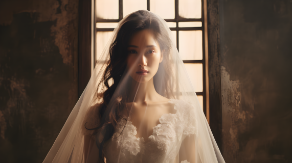 木门旁的新娘与薄纱面纱摄影图