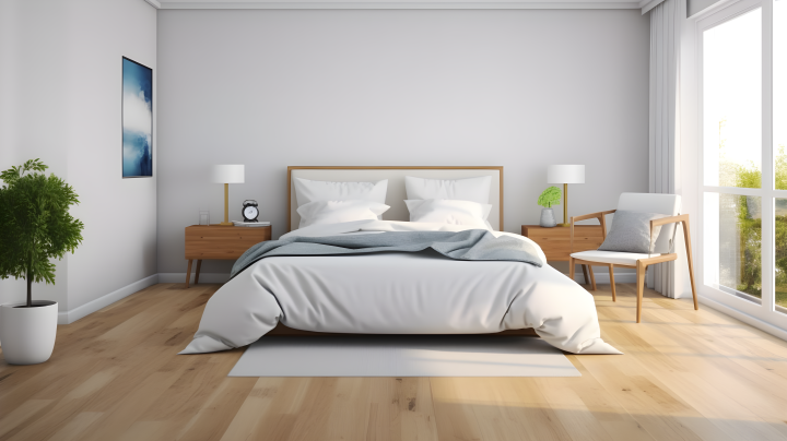 极简风格卧室木质床及床头柜摄影版权图片下载