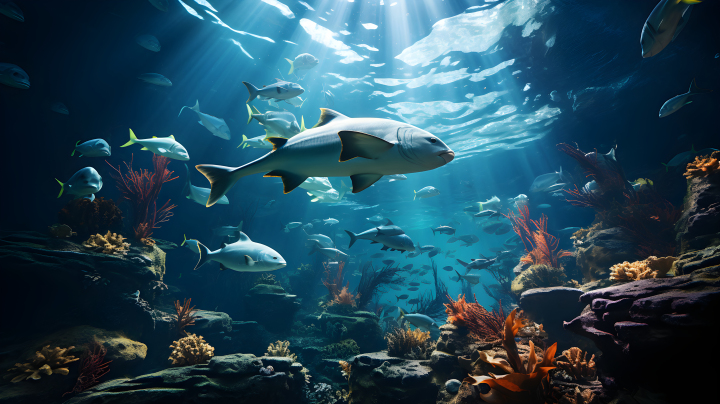 虚拟现实下的深蓝水族馆摄影图版权图片下载