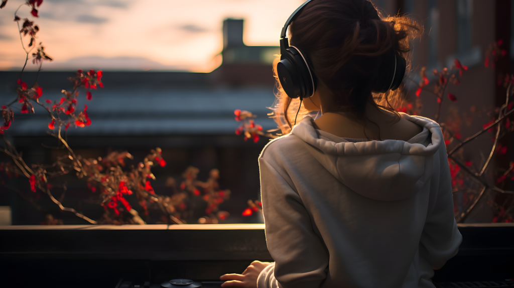 亚洲女性沉醉在音乐中摄影图片