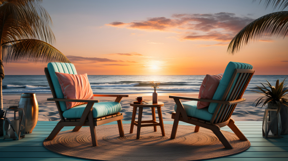 沙滩日落椅背景摄影图片