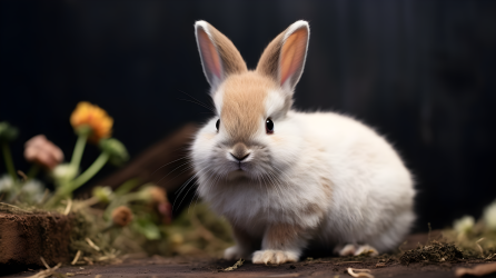 小黄花旁边的兔子摄影图片