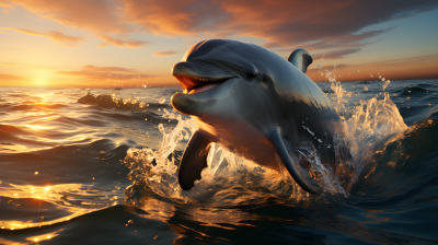 海豚跃出蔚蓝与棕色交织的海洋摄影图