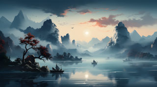 迷雾缭绕的山水画中飞舞的鸟与船摄影图