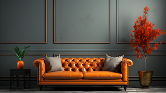 灰橙色沙发配相框挂在墙上，以UHD图像和极简背景为风格的摄影图片