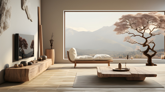 极简禅宗风格的白色家具和木质电视柜的空房间摄影图片