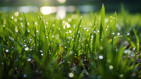 春天绿草上的水滴光影摄影图