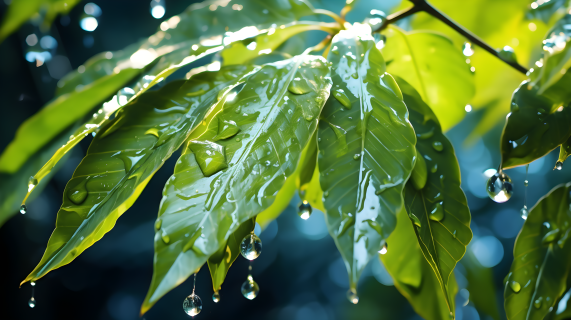 水滴覆盖的绿叶，迪米特里·斯皮罗斯风格的摄影图片