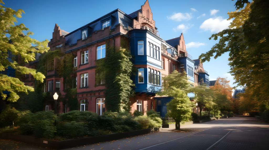 砖瓦红楼外藤蔓错落深浅天青色合围摄影图版权图片下载