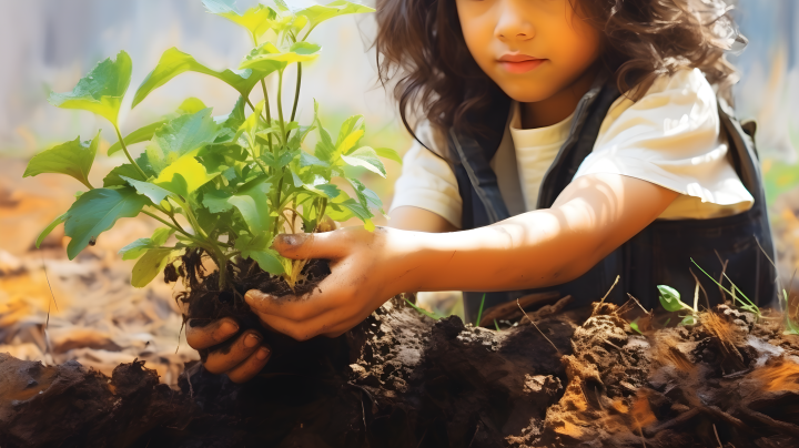 孩子手握绿植的土壤摄影版权图片下载